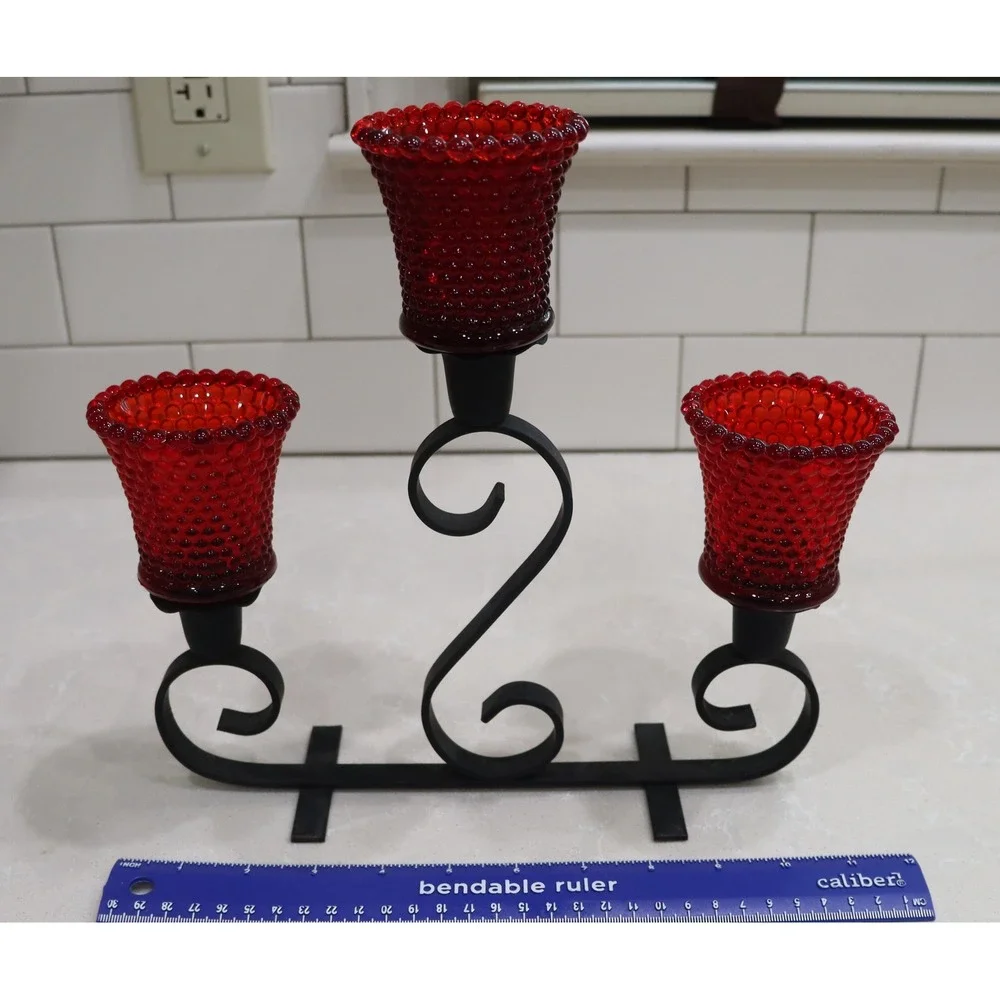 Wrought Iron Candelabra with 3 Red Hobnail Glass Votive Taper Holders Black